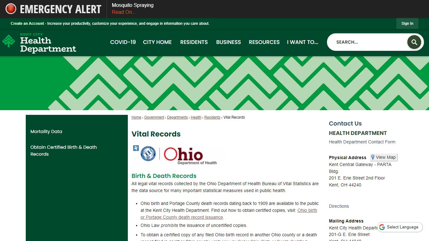 Vital Records - Kent, Ohio